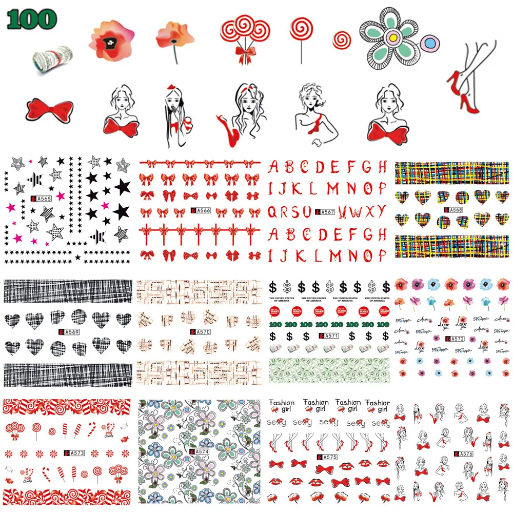 12 Type Nail Art Sticker Water Wraps Kleurrijke Mooie Dame Lippen Woord Hart Vorm Water Slider Charms Diy Gereedschap Polish decals