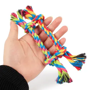 Grosir mainan hewan peliharaan tali berwarna simpul ganda tali kunyah anjing katun untuk mengasah gigi anjing
