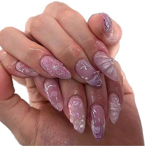 Ongles français nude pré-dessinés populaires, personnalisables en gros, faux ongles en gel amande couleur unie avec bord blanc - Product Image 6