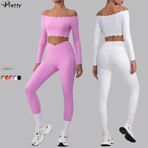 Yoga Sets Fitness Women Long Sleeve Push-up Off-Shoulder Yoga Crop Top V <strong>Shape</strong> Quick Drying High Waist Butt Lifting <strong>Leggings</strong> - Product Image 1