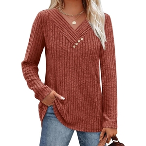 Camisa de Manga Larga para Mujer, Cuello en V, Suéter con Botones, a la Moda - Product Image 1