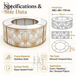 Comptoir de bar rond pliable sur mesure en acier inoxydable doré et blanc, orné de motifs en spirale, avec plateau en verre trempé amovible - Product Image 3