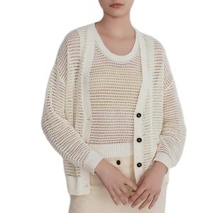 <span class=keywords><strong>Cardigan</strong></span> en <span class=keywords><strong>maille</strong></span> tricotée légère et respirante à col en V ajouré à manches longues pour femme – Vente en gros personnalisée - Product Image 4