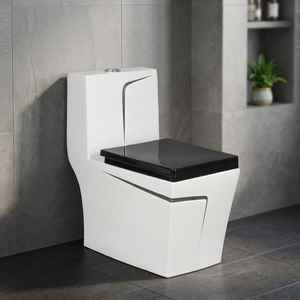 WC monobloc en céramique décorative orange et noir, design de créateur, avec abattant UF, siphon en P, à poser au sol - Product Image 5