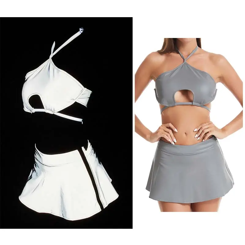 Сексуальный женский светоотражающий укороченный топ бикини, мини-плиссированная юбка, купальник с разрезом из трех частей, одежда для сценических танцев для ночного клуба