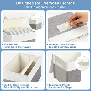 <b>Large</b> 22 Quart Linen Fabric Foldable Stackable Minimalist Storage <b>Bin</b> Flip-Top Lid Handles 4 Pack Gray White - Product Image 6