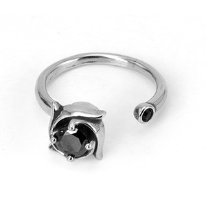 316L Stainless Steel Stress Relief <b>Ring</b> Floral Design Black Gemstone Inlay Adjustable Fashion Jewellery Unisex for Everyday Wear - Product Image 2