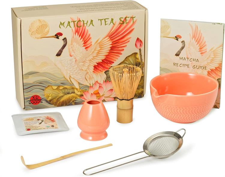 Harmony 7 Pc Japanese Matcha Tea - Whisk Bowl with Spout and Green Tea Powder Holder Sifter Gift Box Salmon