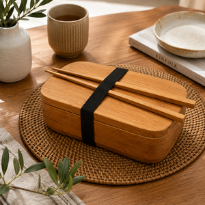 Boîte à lunch en bois de teck empilable, boîte à bento traditionnelle à étages avec compartiments séparés, durable - Product Image 5