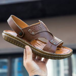 Sandales d'été pour hommes en cuir de vache, semelle souple et confortable, chaussures de plage, sandales plates à enfiler, grandes tailles - Product Image 4