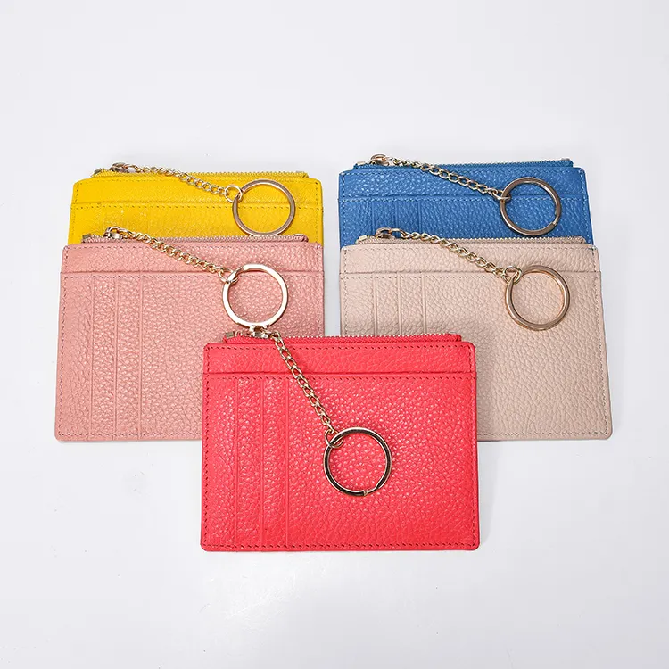 Porte-cartes de crédit en cuir de couleur fine, porte-clés mince, porte-cartes minimaliste à fermeture éclair