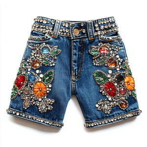 Shorts de Mezclilla para Hombre DiZNEW Talla Grande con Pedrerí<span class=keywords><strong>a</strong></span>, Costuras Desgastadas, Parche Bordado y Corte con Dobladillo sin Terminar - Product Image 1
