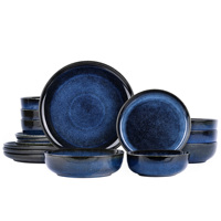 Service de table 16 pièces en porcelaine écologique bleu géométrique avec glaçure réactive, 4 assiettes et bols, compatible micro-ondes et lave-vaisselle