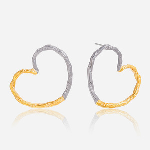 Pendientes de Aro en Forma de Corazón, Oro de 18K, Acero Inoxidable, Dos Tonos, Martillados, para Uso Diario - Product Image 1