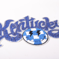 Appliques de paillettes patchs de broderie fer sur presse à chaud argent paillettes bleu royal patchs kentucky à paillettes avec smiley à carreaux