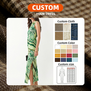 Robe longue élégante verte à imprimé abstrait pour <span class=keywords><strong>femme</strong></span>, sans manches, col montant, grande taille, robe longue personnalisée OEM/ODM, robe chic d'été - Product Image 3