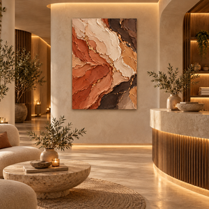 Dipinto a Olio Astratto 3D in Terracotta Marrone Ruggine su Tela con Texture di Pietra Venata Dorata, Arte Murale per Hotel e Ville di Lusso - Product Image 1