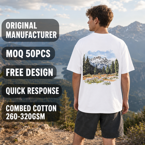 T-shirt Homme Oversize Streetwear Col Rond Imprimé Paysage Naturel en Jersey de Coton Blanc Personnalisé 260GSM Épaules Tombantes - Product Image 1