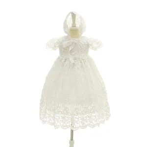 Newborn Infant Puffy Boutique Clothing White Lace Bow Short Sleeve Princess Girl Christening Gown With Hat Baby Baptism Dress