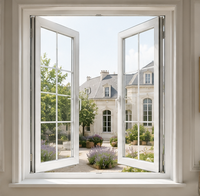 Fenêtre à battant française en verre trempé isolant, avec grille décorative, à rupture de pont thermique et insonorisée, pour villa et cour.
