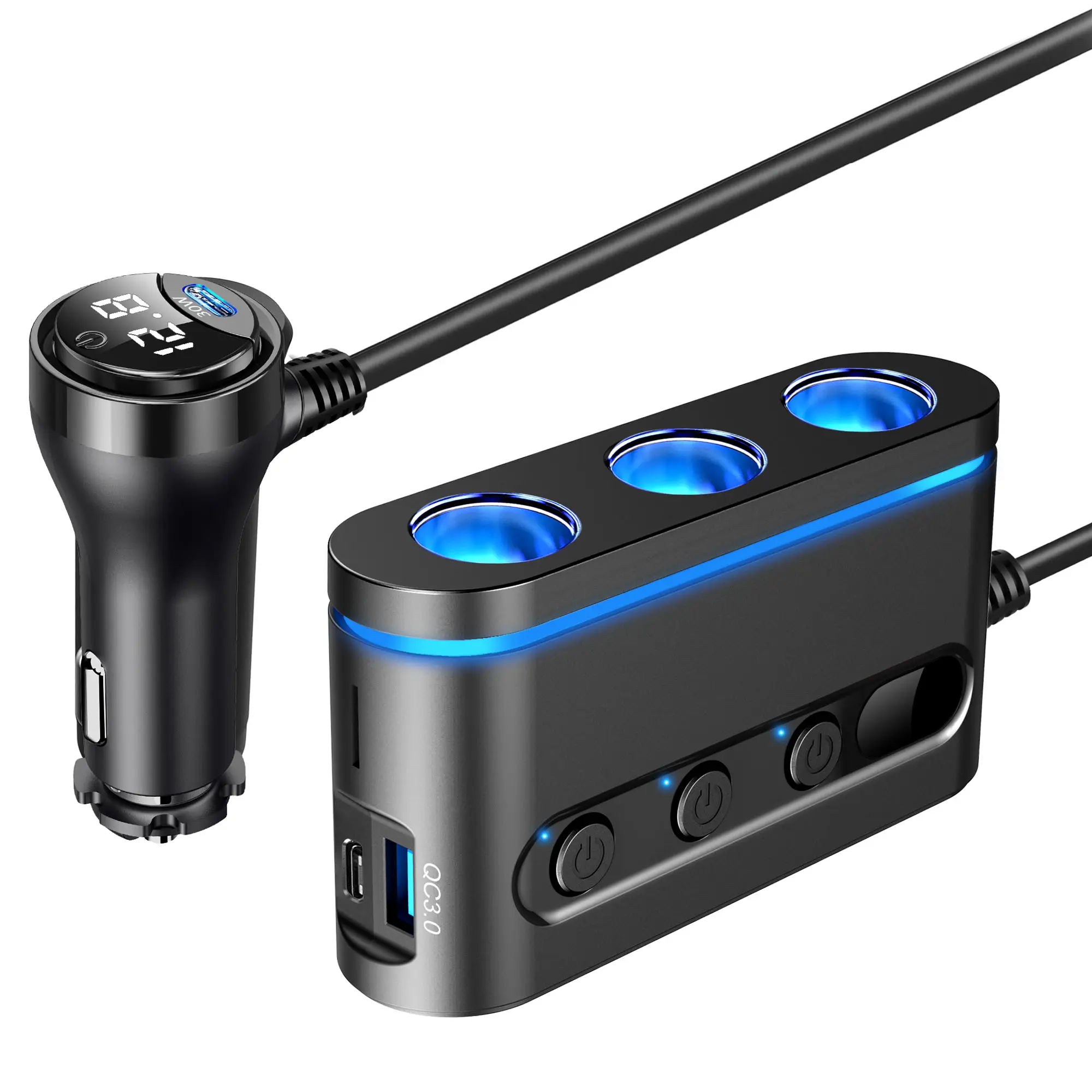 Quick Charge 3.0 Cigarette Lighter Adapter 12V/24V Car Charger 2 PD30W Ports 3 car socket car cigarette lighter