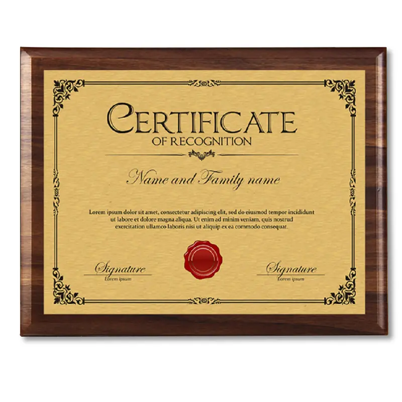 Деревянный сертификат разрешения на заказ, Золотая латунная металлическая награда