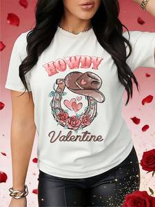 T-shirt da donna Howdy Valentine a maniche corte, girocollo, casual, con stampa, primavera estate, in tessuto jersey traspirante - Product Image 3