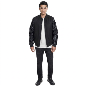 Custom Cool Black <b>White</b> Retro Style Fleece Winter Varsity <b>Jacket</b> with Stand Collar and Front Logo for <b>Men</b> - Product Image 1