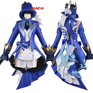 Focalors Cosplay Costume Perruque Bouclée Jeu Genshin Impact Fontaine Dieu de la Justice Bleu Uniforme Vision Chapeau Hydro Bracelet Collier - Product Image 1