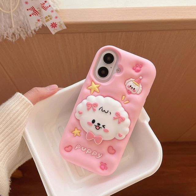 Cute 3D Cartoon Puppy Silicone Phone Case for S26 S25 Ultra Luxury Soft Wave Shockproof Back Cover with Foldable Kickstand Ins
