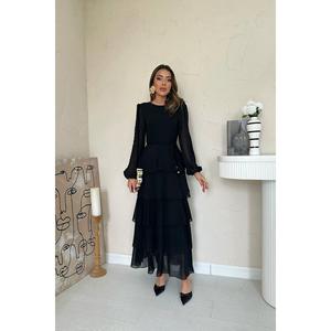 ชุดราตรีผ้าชีฟองสีดำหรูหรา ทรงเอไลน์ ชั้นซ้อนโปร่ง เอวธรรมชาติ แขนยาว - Product Image 4