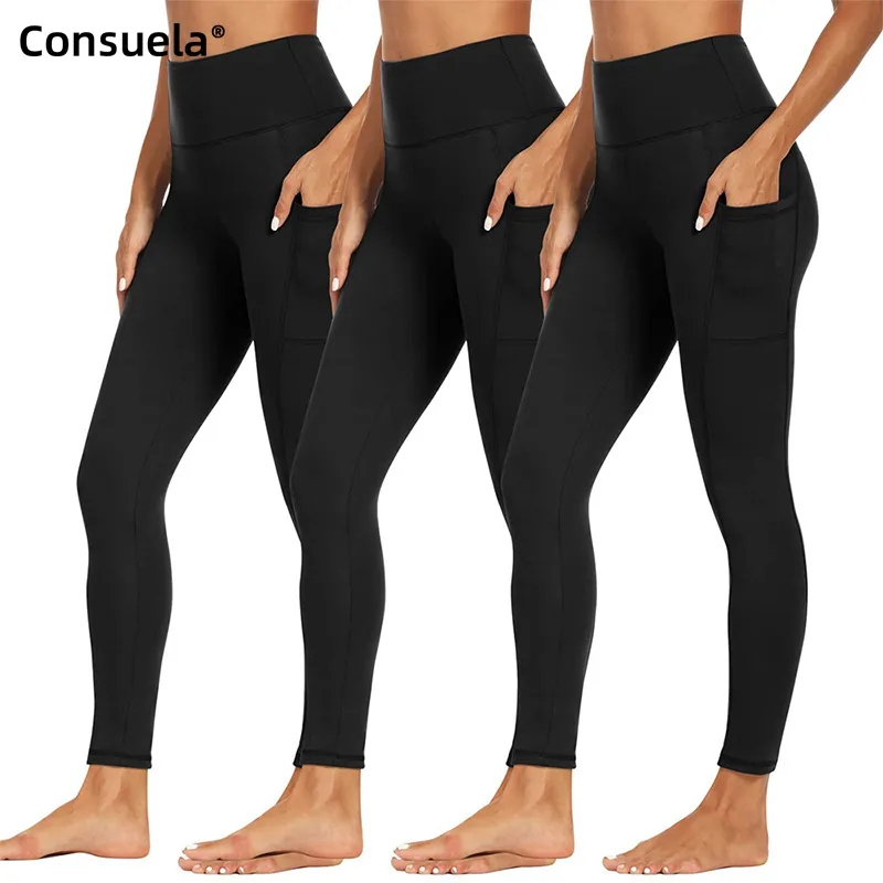 Ligero Fitness Lady Tummy Control Sports Gym Pantalones Levantamiento de glúteos Entrenamiento de cintura alta Yoga sexy legging con bolsillos