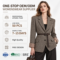 Blazer surdimensionné en tweed marron à chevrons pour femme, avec ceinture et poignets à carreaux, idéal pour les vêtements de marque privée (OEM personnalisé)