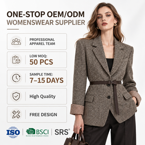 Blazer <span class=keywords><strong>de</strong></span> tweed marrón con cinturón y puños a cuadros para mujer, estilo oversize, personalizado OEM, para ropa <span class=keywords><strong>de</strong></span> marca privada - Product Image 1