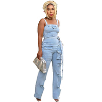 Combinaison Salopette Jean Une Pièce Estivale Décontractée Ample Respirante Tendance Sans Manches Déchirée Jambe Droite en Denim Non Extensible