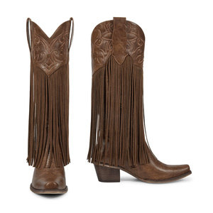 WETKISS Bottes de cowgirl occidentales pour femmes, à bout pointu, à franges longues, hauteur genou, avec fermeture éclair latérale et talon épais rétro, vente en gros - Product Image 4