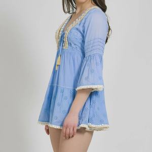 Vestido Boho al por mayor de fábrica con bajo MOQ, mangas con volantes y conchas, bordado jacquard, pareos de playa, vestidos de mujer de gran venta - Product Image 3