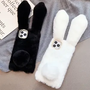 Rabbit Fur Phone Case Cute Animal Shape Phone Cover Cute Fluffy Bunny Phone Case For IPhone 11/12/13/14