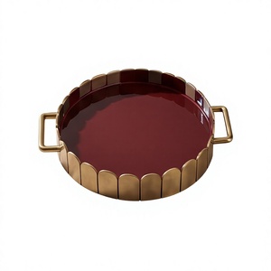 Modern Round Metal Enamel <b>Tray</b> with <b>Gold</b> Handles Decorative Scalloped Edge Serving Platter for <b>Coffee</b> <b>Table</b> Living Room Kitchen - Product Image 1