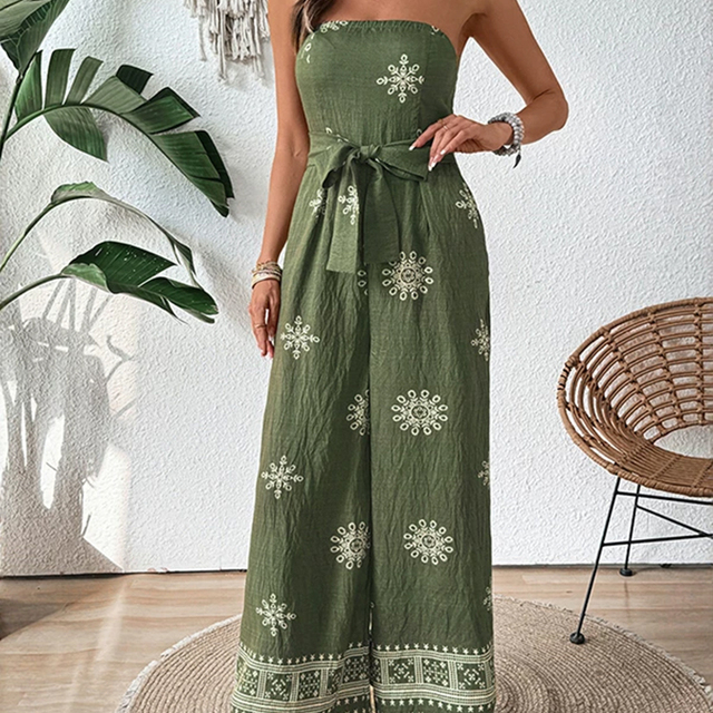off Shoulder Floral Printed High Waist Green Wide Leg Women's Jumpsuit with Eco-Friendly Fabric
