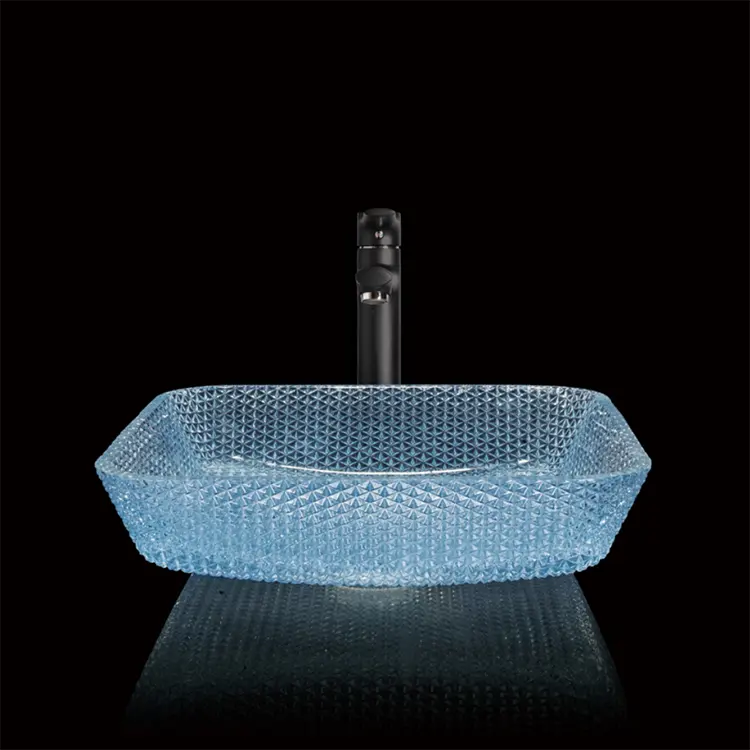 Lavabo à main en Fiber de cristal coloré, vente en gros, bon prix, comptoir carré en verre, évier de salle de bain