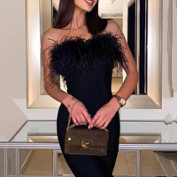 Verstellbare Spaghetti-Träger Sexy Damenkleidung mit Federn Clubkleid Dezentes Abendkleid Stretch Mini Damen Party Langes Formelles Kleid
