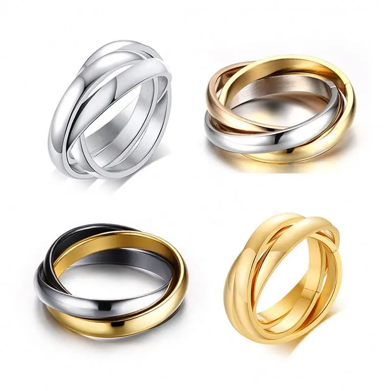 Gold Plated High Polished Three Circle Band Rings Waterproof Stainless Steel Mix Colors Smooth Cross Triple Hoop Finger Rings