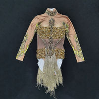 Justaucorps de danse à manches longues pour femmes, combinaison moulante à franges dorées et strass