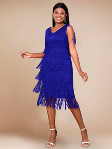 Robe bandage à bretelles tendance, col en <span class=keywords><strong>V</strong></span>, longueur mi-cuisse, robe à franges rouge, élégante, décontractée, grandes tailles pour femmes - Product Image 5