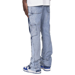 Jeans personnalisés à bords coupés avec patchs, jeans superposés, pantalons en denim baggy à éclaboussures de peinture, jeans évasés vintage pour hommes, mode masculine - Product Image 2