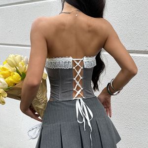 Nuova Moda 2026 Top Corto da Donna con Righe Verticali, Scollo a Fascia in Pizzo con Spalle Scoperte, Vita Stretta e Orlo Appuntito - Product Image 2