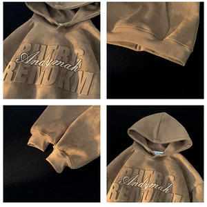 Custom Heavyweight Suede Fabric 3D Embossed Logo Vintage <b>Brown</b> Oversized Pullover Streetwear Unisex Autumn Waterproof Hoodies - Product Image 3
