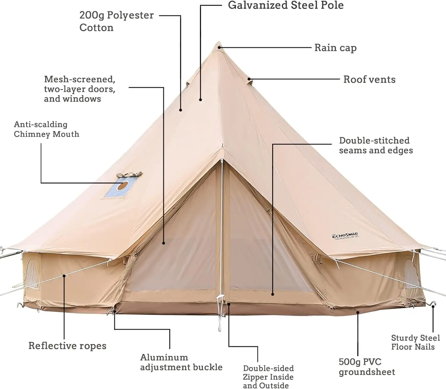 Tente de yourte en toile à cloche ronde pyramidale avec tapis de sol zippé pour le camping en plein air en famille