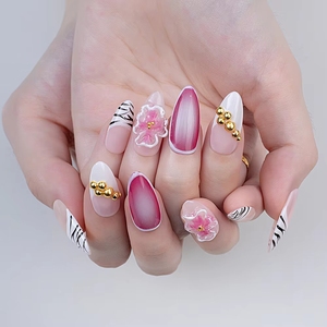 Nuevas <span class=keywords><strong>Uñas</strong></span> Postizas Personalizadas 3D con Diseño <span class=keywords><strong>de</strong></span> Rayas <span class=keywords><strong>de</strong></span> Zebra Rosas Francesas, 100% Hechas a Mano, <span class=keywords><strong>Uñas</strong></span> Artificiales al por Mayor con Pegamento - Product Image 3